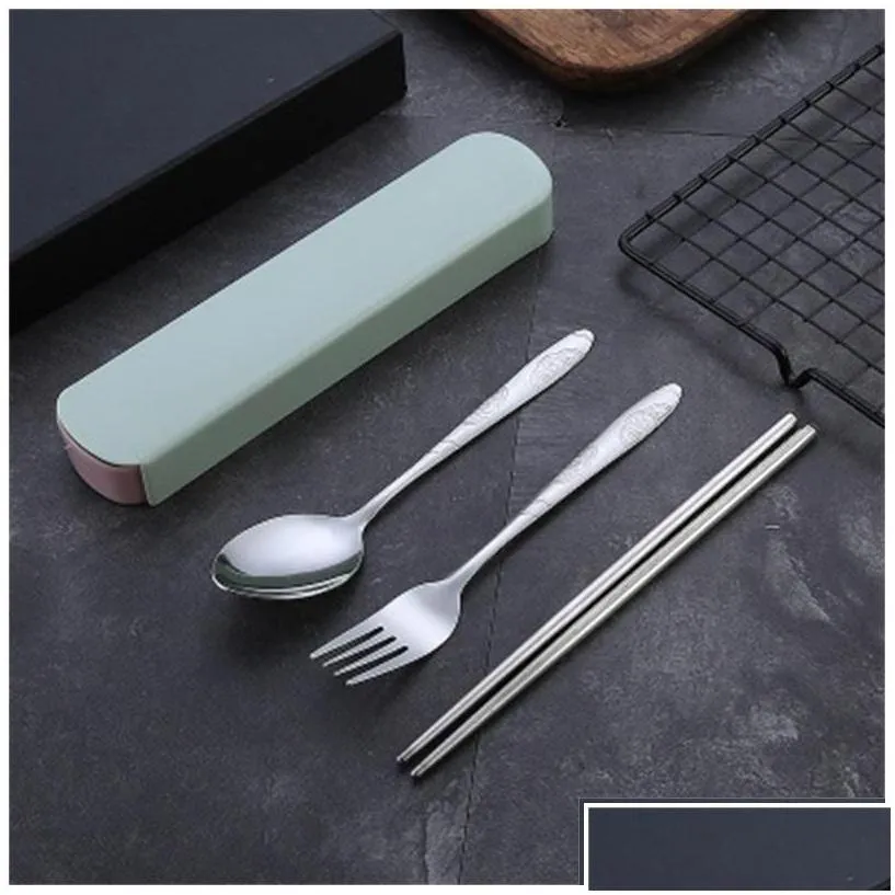 flatware sets portable stainless steel cutlery set with storage box chopstick fork spoon flatware kit high quality travel tableware
