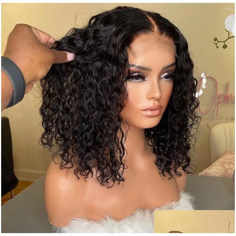 360 150% Short Bob Curly Human Hair Wigs for Black Women Brazilian Remy 13x1 T Part Water Deep Wave Lace Frontal Wig with Baby Hair