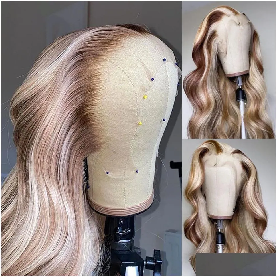 30 inch Brazilian Human Hair Highlight Wig 180% 13x4 Body Wave Lace Frontal Wig For Women Synthetic