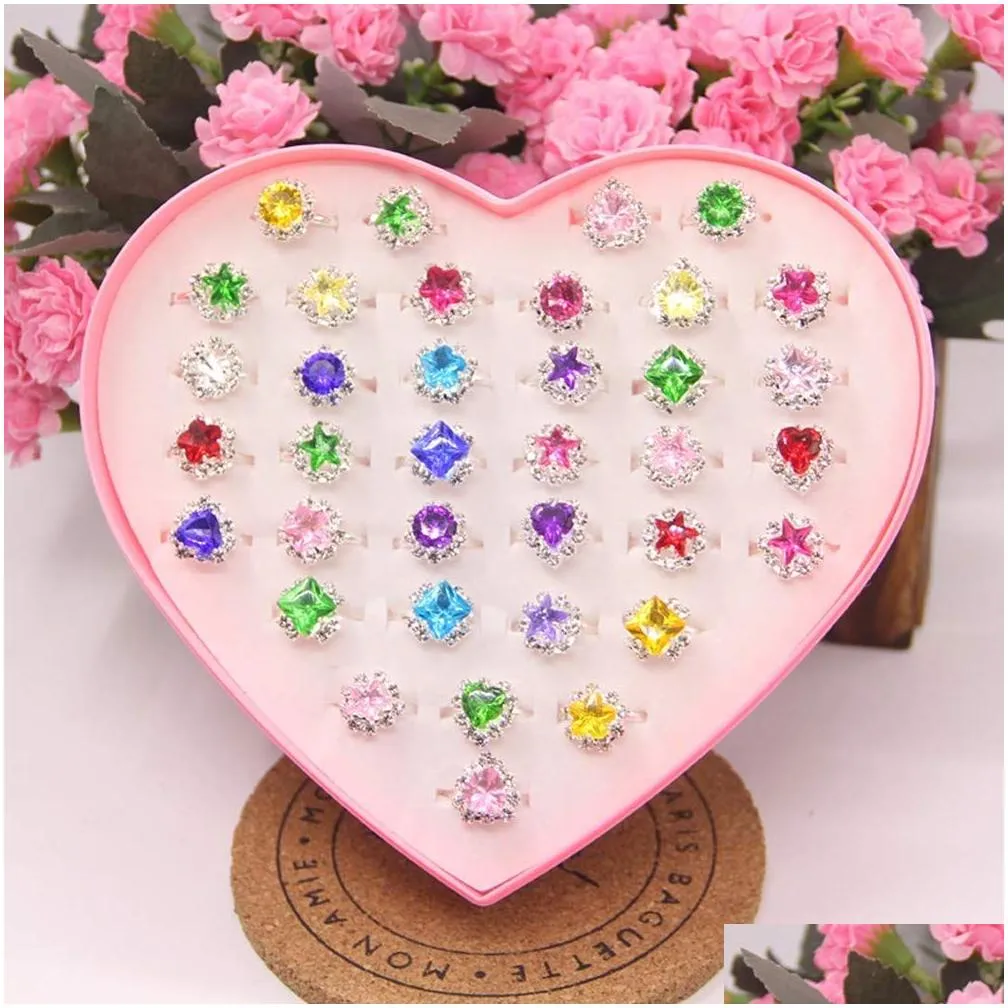 Band Rings 36Pcs Colorf Rhinestone Gem Rings In Box Adjustable Little Girl Jewel Children Kids Gift Pre Drop Delivery Jewelry Ring Dh8Uv