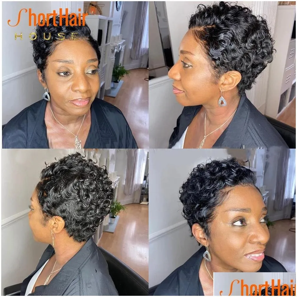 Short Bob Pixie Cut Human Hair Wig Black/Blonde/Brown Colored Curly None Lace Frontal Wigs for Women