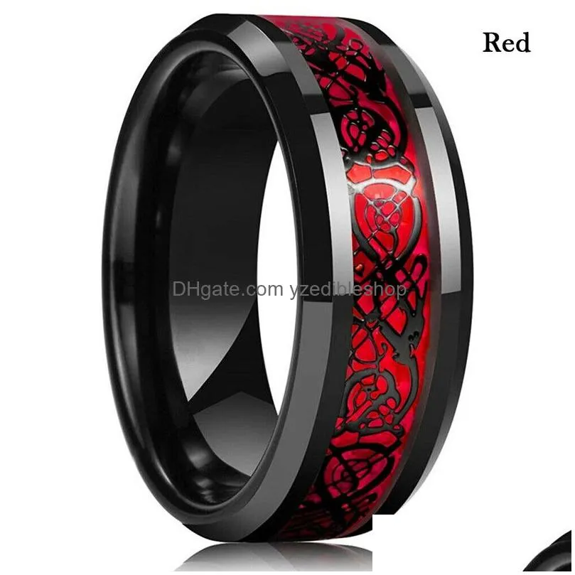 8 colors 8mm mens stainless steel dragon ring inlay red green black carbon fiber rings wedding band jewelry size 6-13