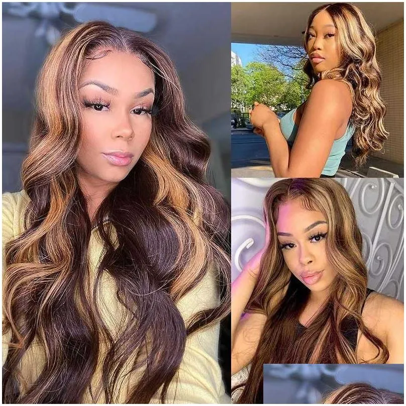 Hd Body Wave Highlight Lace Front Human Hair Wigs for Women Frontal Wig Pre Plucked Honey Blonde Colored Synthetic Wigs3rhb