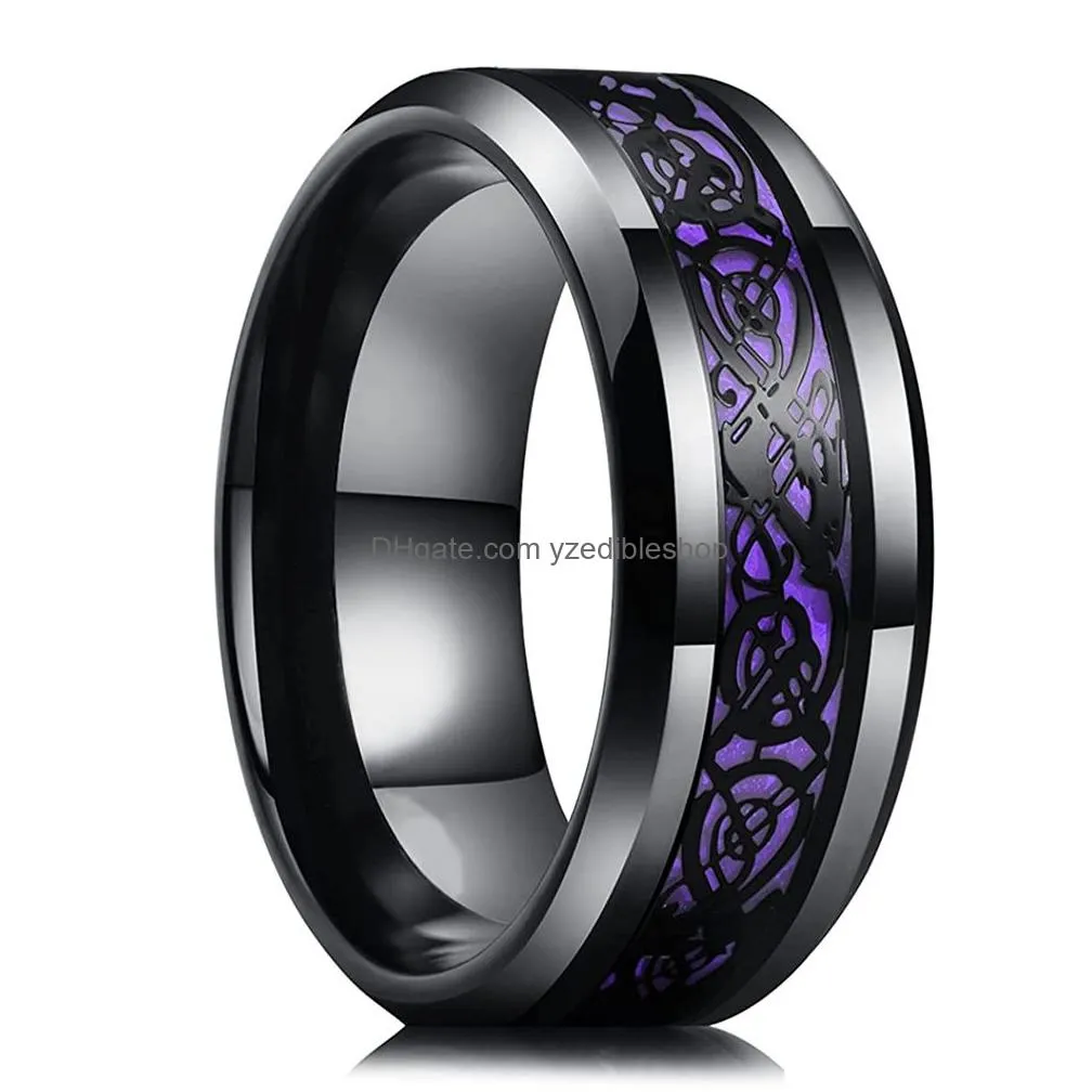 8 colors 8mm mens stainless steel dragon ring inlay red green black carbon fiber rings wedding band jewelry size 6-13