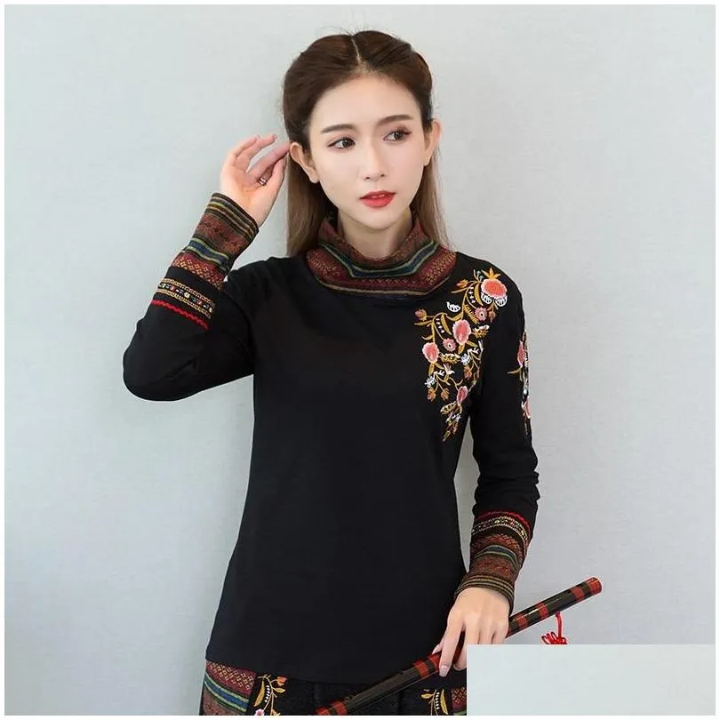 Ethnic Clothing Chinese Style Women Clothes 2021 Autumn Retro Embroidery Cotton Blouse Black Hanfu Ladies Tops 11984