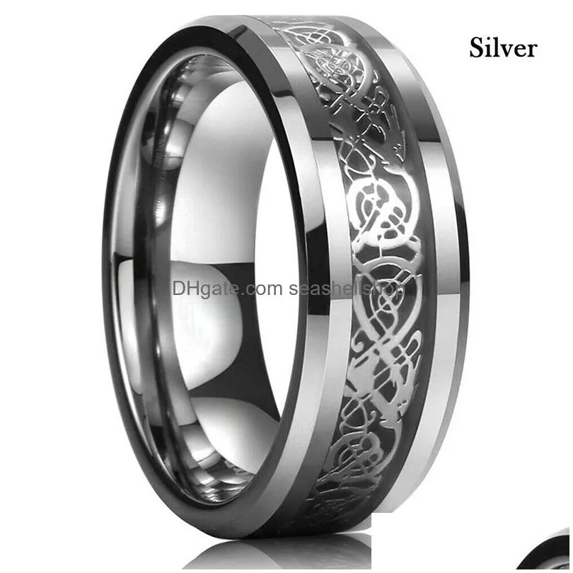 Band Rings 8 Colors 8Mm Mens Stainless Steel Dragon Ring Inlay Red Green Black Carbon Fiber Rings Wedding Band Jewelry Size 6-13 Drop Dhyir