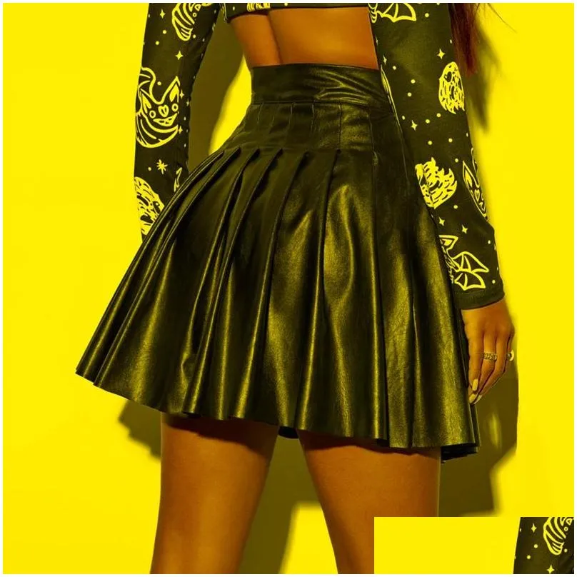 Skirts Spring Autumn Women Black Faux Leather High Waist Club Pleated A Line Solid Color Mini Short SkirtsSkirts