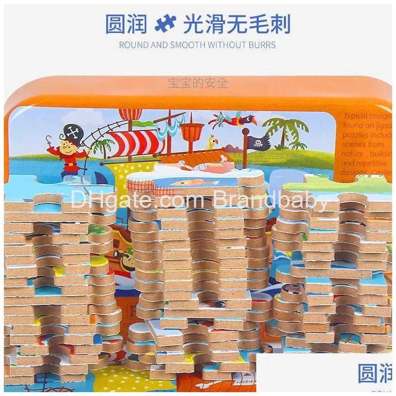 wholesale 60 pieces wooden puzzle brain iron box for children cartoon animal vehicle wood jigsaw baby educational toy kids christmas