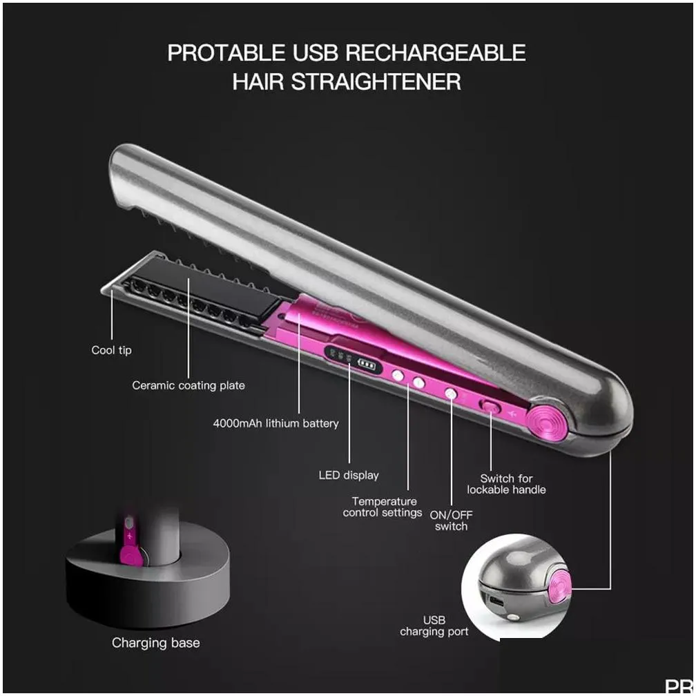 Hair Straighteners Wireless Hair Straightener with Charging Base Flat Iron Mini 2 IN 1 Roller USB 4800mah Portable Cordless Curler Dry and Wet Uses