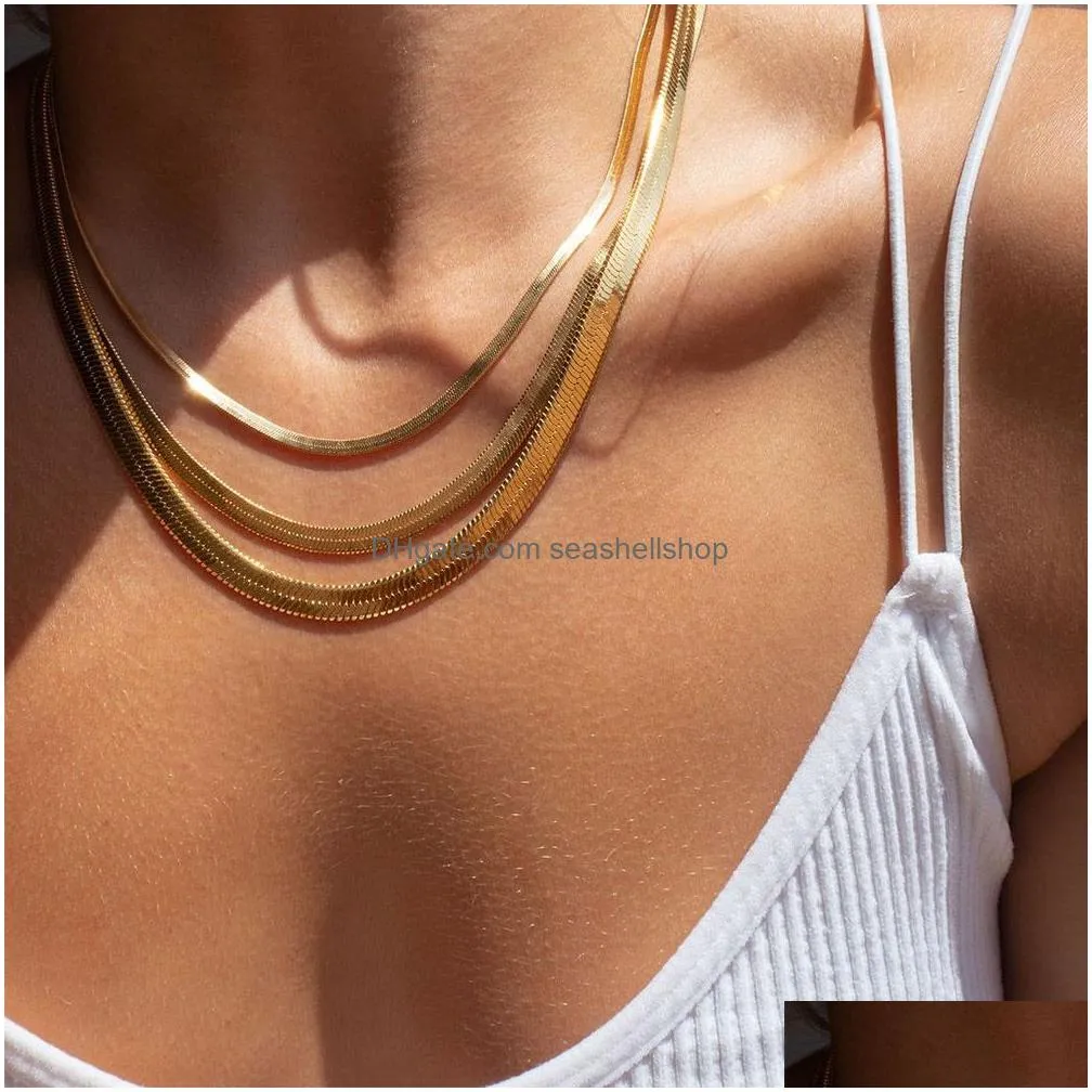 Chains Fashion Uni Snake Chain Women Necklace Choker Stainless Steel Herringbone Gold Color For Jewelry Drop Delivery Jewelry Necklace Dhahl