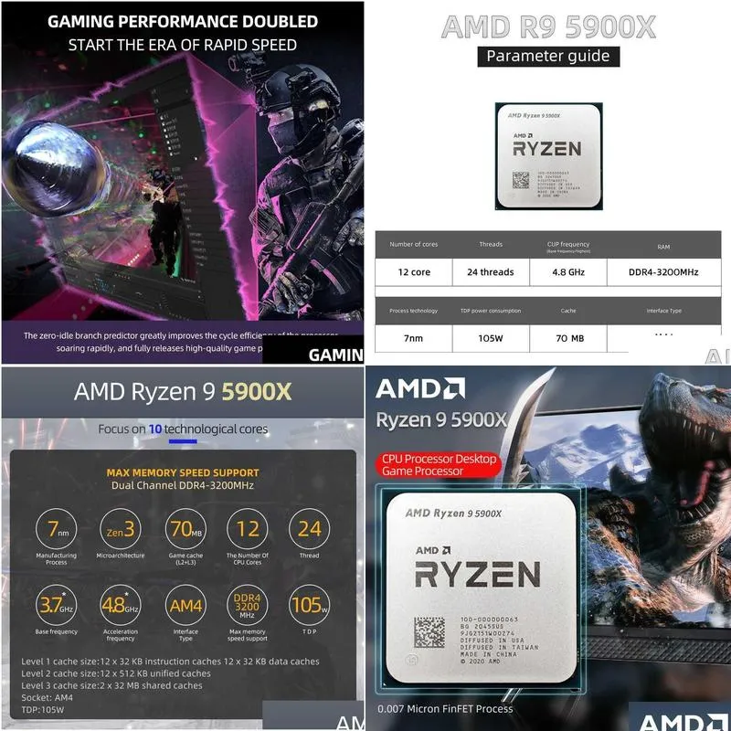 AMD New Ryzen 9 5900X 3.7 GHz 12-Core 24-Thread CPU Processor AM4 Gamer R9 5900X CPU Parts Accessories 7NM 64M 100-000000061