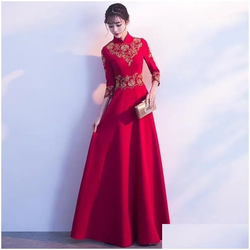 Red Embroidery Chinese Evening Dress Long Bride Wedding Qipao Oriental Style Party Dresses Bridesmaid Robe Ceremonie Fille Gowns Ethnic