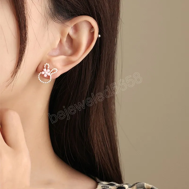 New Cartoon Rabbit Ear Studs Earrings for Women Girls Lovely Elegant Bow Flowers Earring Ladies Wedding Party Birthday Jewelry