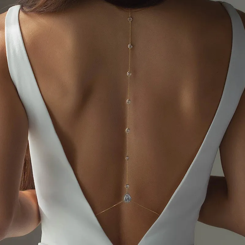 Luxury Wedding Rhinestone Backdrop Chain Layered Water Drop Crystal Pendant Back Chain Long Tassel Necklace for Women Sexy Body Chain Backless Dress Jewelry CL3003