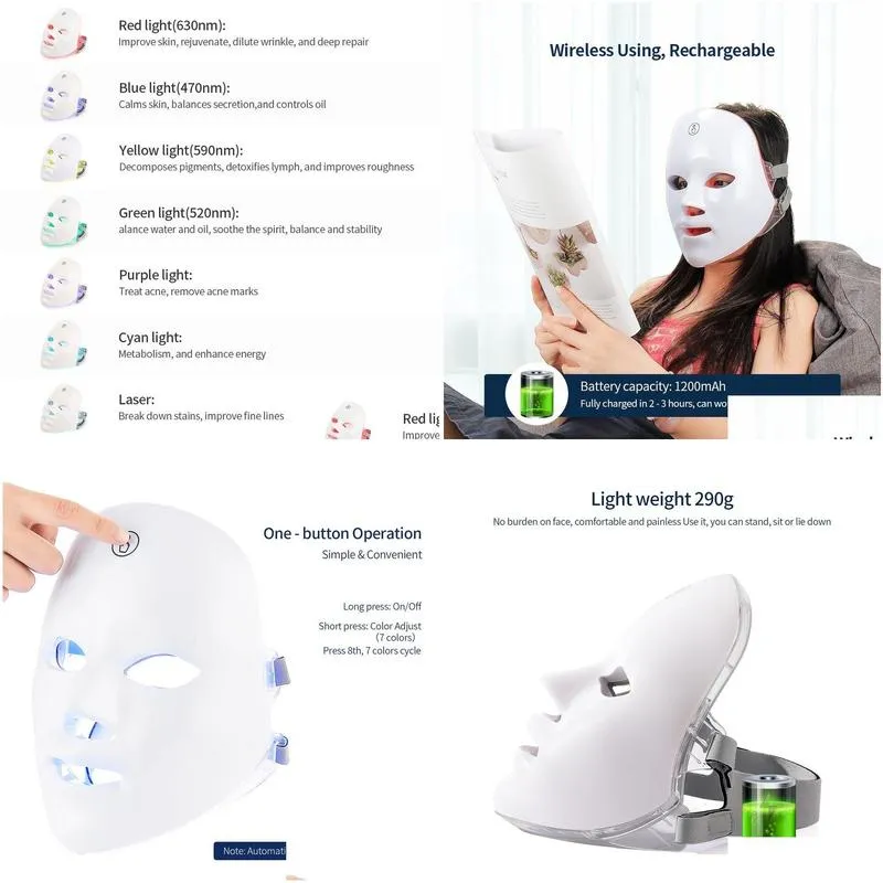 Face Care Devices USB Charge 7Colors LED Mask Pon Therapy Skin Rejuvenation Anti Acne Wrinkle Removal Skin Care Mask Skin Brightening