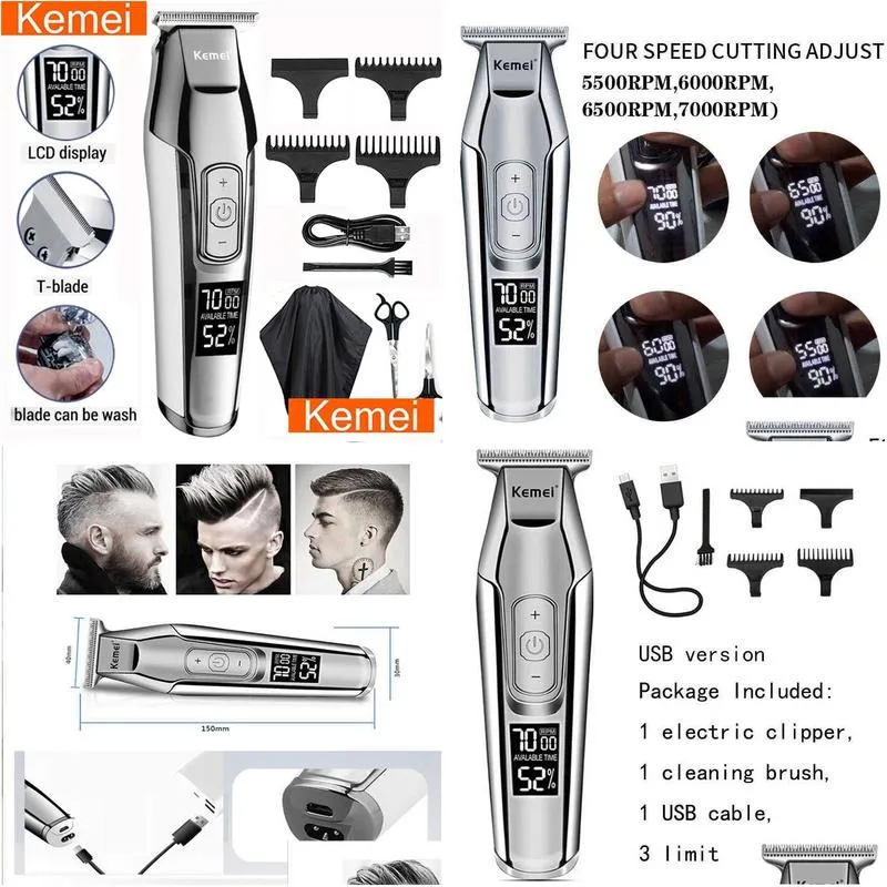 kemei profession hair clipper beard trimmer for men electric men`s shaver LCD 0mm Hair cutting trimmer machine chargeable Razor 220209