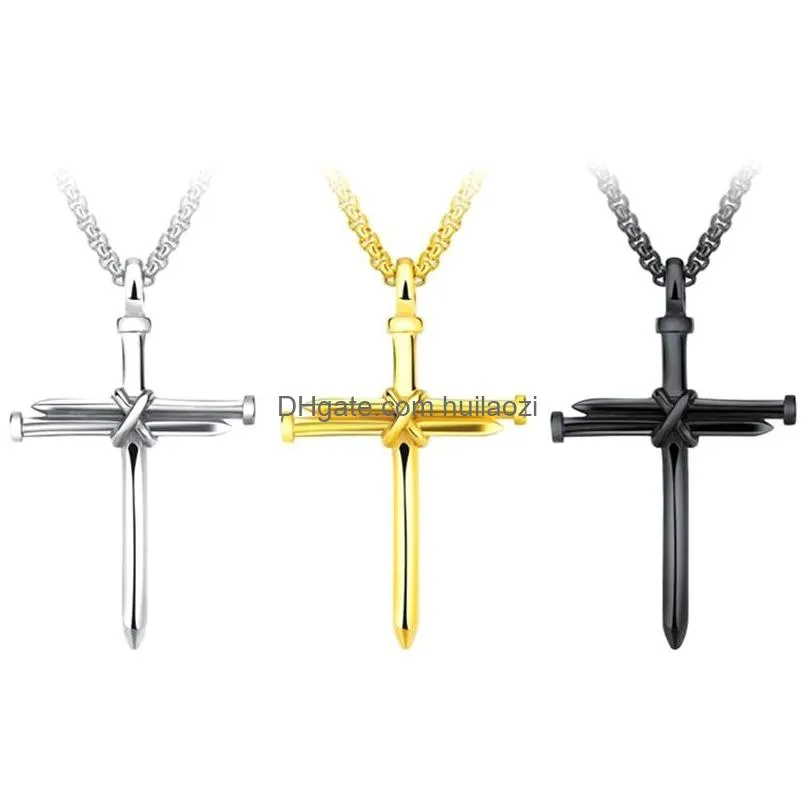 mens nail cross pendant necklaces fashion stainless steel link chain necklace black rose gold silver punk style hip hop jewelry for women christmas