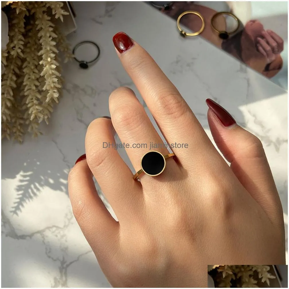 Band Rings Stainless Steel Rings Fashion Trendy Ol Style Anniversary Black Round Stone Ring For Women Jewelry Party Wedding Drop Deliv Dhj1E