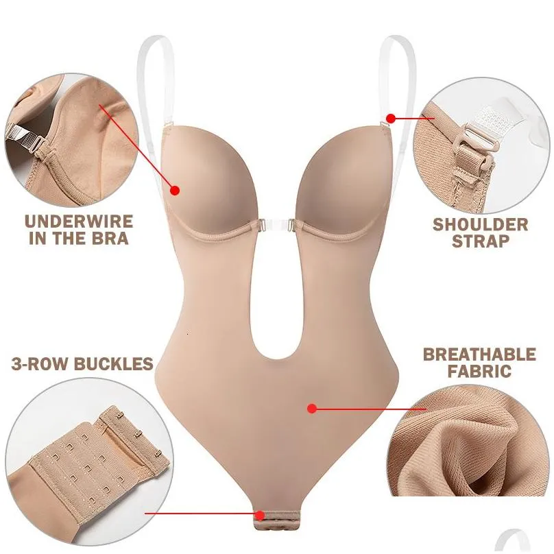 Waist Tummy Shaper Invisible Bra Sexy Bodysuit Corset Backless Deep VNeck U Plunge Thong Trainer Clear Strap Padded Push Up Shapewear