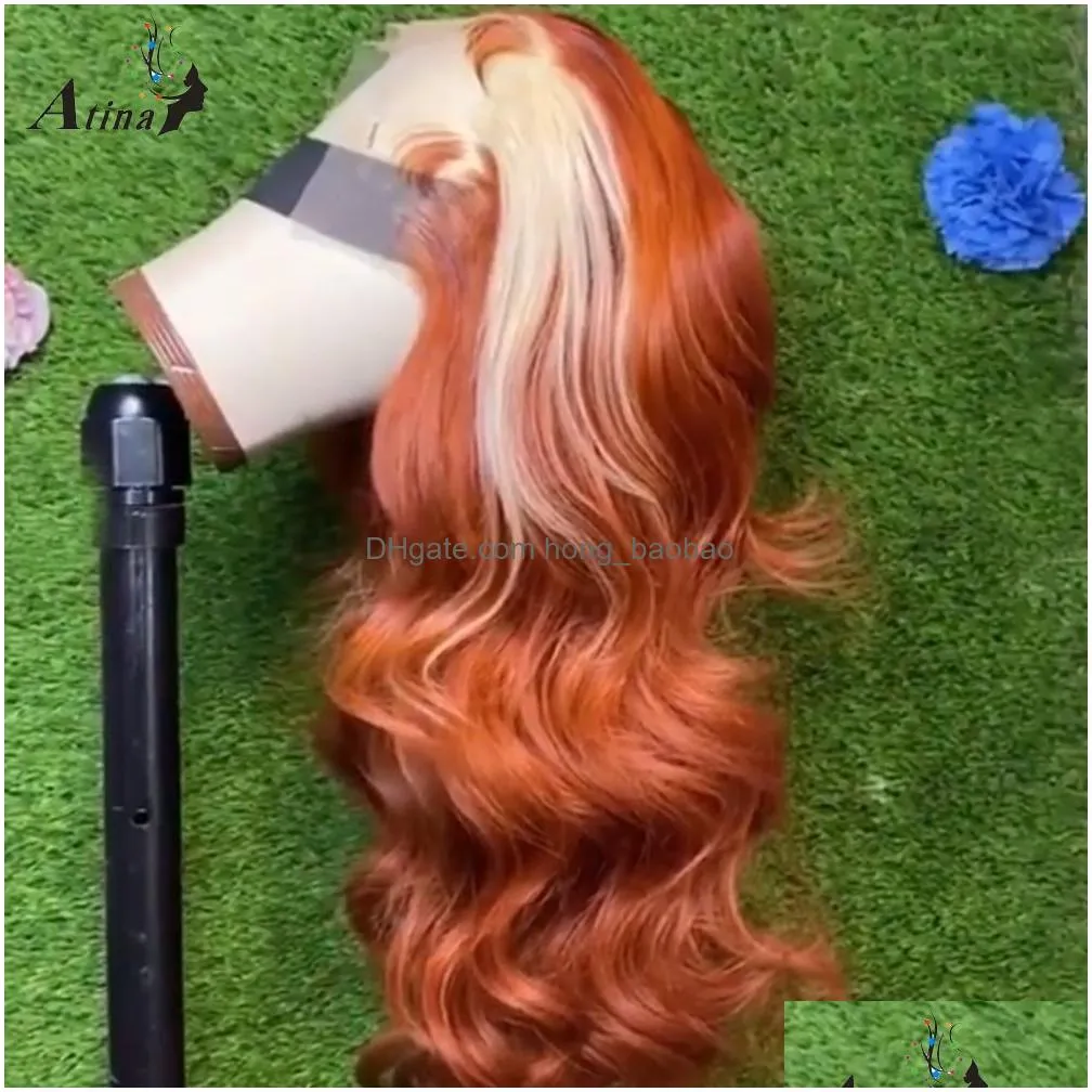 long honey blonde lace frontal human hair wig ombre ginger orange full front highlight 28 30 inch synthetic deep wave wigs