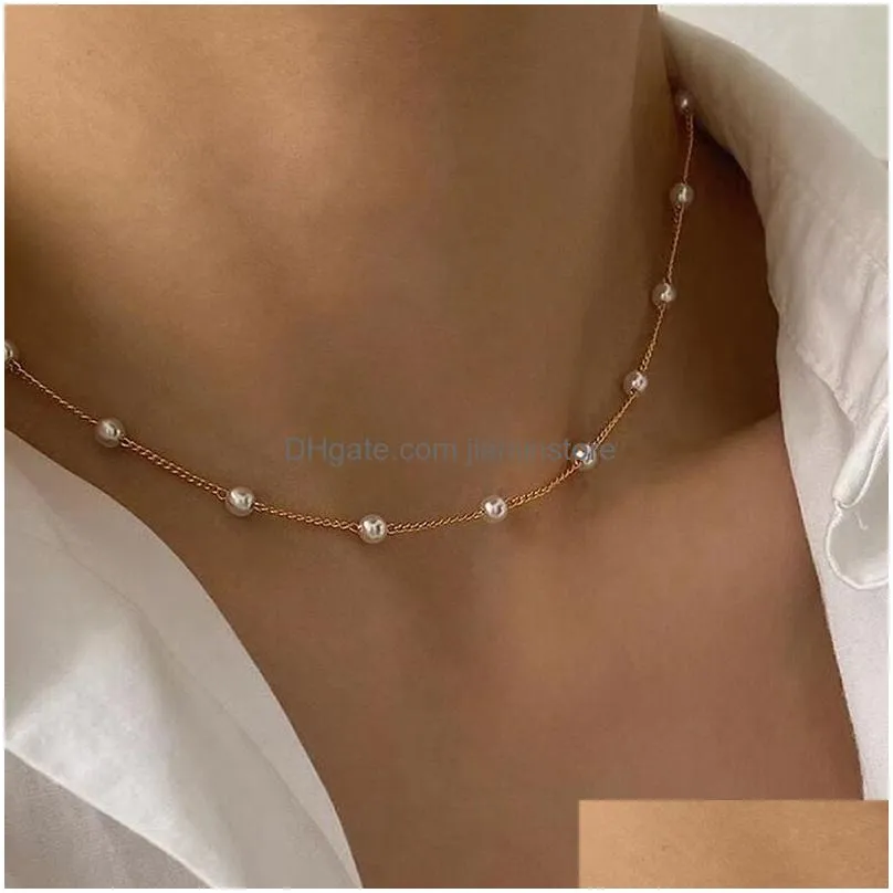 Chokers New Fashion Elegant Pearl Choker Necklace Simple Style Cute Double Layer Chain Pendant Woman Jewelry Accessories Drop Delivery Dh9Hs