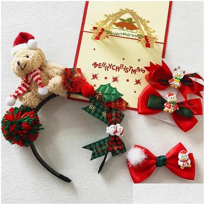 Hair Accessories Children Cute Bear Christmas Headband Girls Clips Red Bow Hairpins Cartoon Snowman Fur Ball Hat