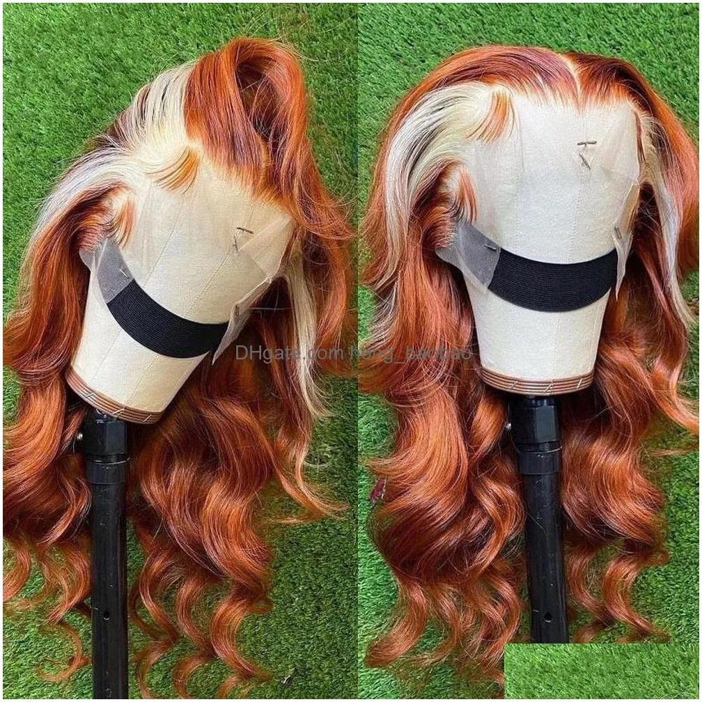 long honey blonde lace frontal human hair wig ombre ginger orange full front highlight 28 30 inch synthetic deep wave wigs