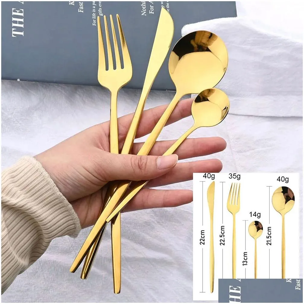 Cookware Sets 24Pcs Black Handle Golden Cutlery Set Stainless Steel Knife Fork Spoon Tableware Flatware Festival Kitchen Dinnerware Gift