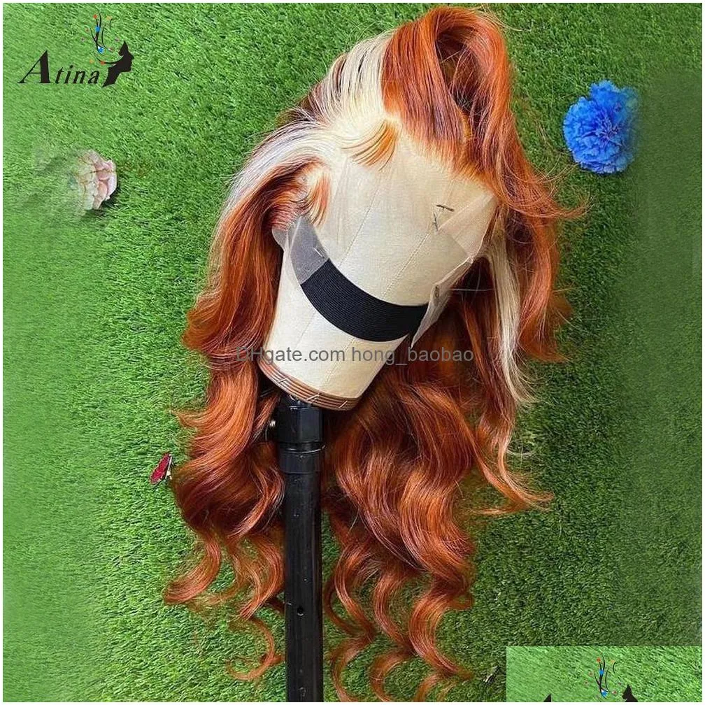 long honey blonde lace frontal human hair wig ombre ginger orange full front highlight 28 30 inch synthetic deep wave wigs