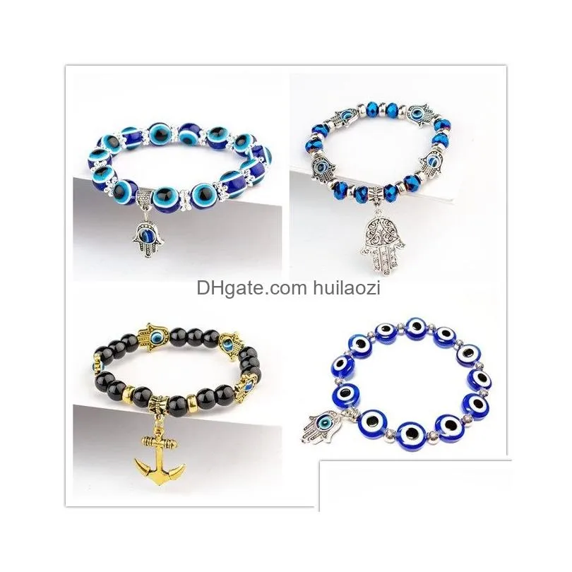 fatima hand hamsa bracelet jewelry women man gold silver color fashion blue devil evil eye plam bell beaded anchor charm bracelets for