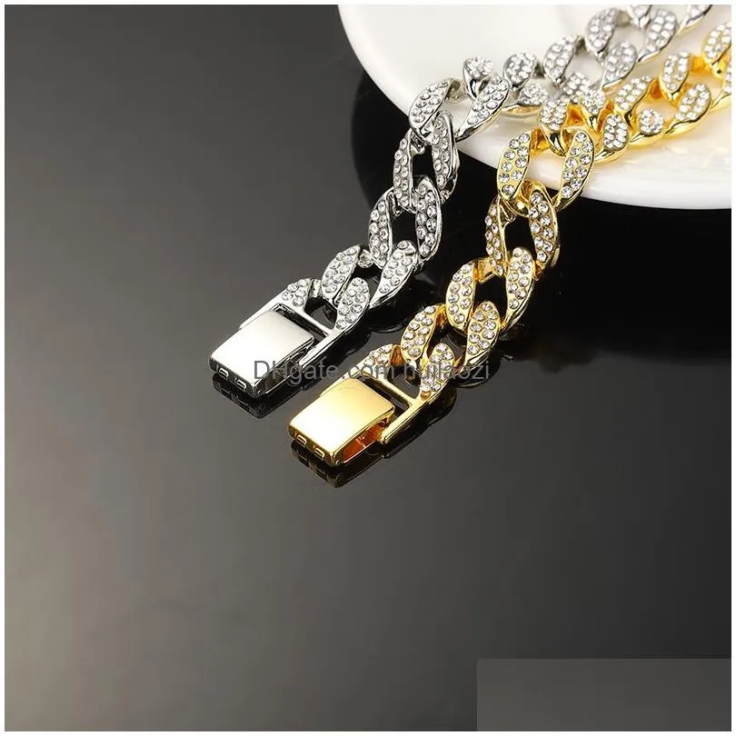 15mm  cuban link chain necklaces 30 16 18 20 22 24inches 18k gold plated iced out bling rhinestone chains silver rose gold fashion design mens hip hop jewelry