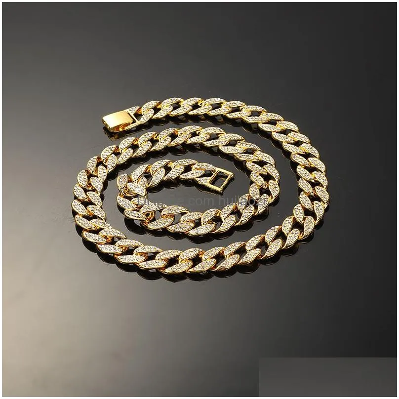 15mm  cuban link chain necklaces 30 16 18 20 22 24inches 18k gold plated iced out bling rhinestone chains silver rose gold fashion design mens hip hop jewelry