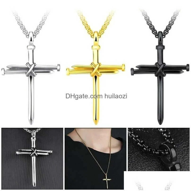 mens nail cross pendant necklaces fashion stainless steel link chain necklace black rose gold silver punk style hip hop jewelry for women christmas