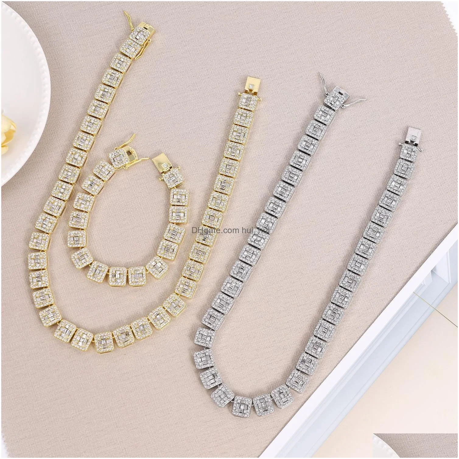 13mm women square tennis chain iced out micro pave 1 row aaa water diamond cuban link necklace bracelet silver gold plated fashion bling hip hop jewelry