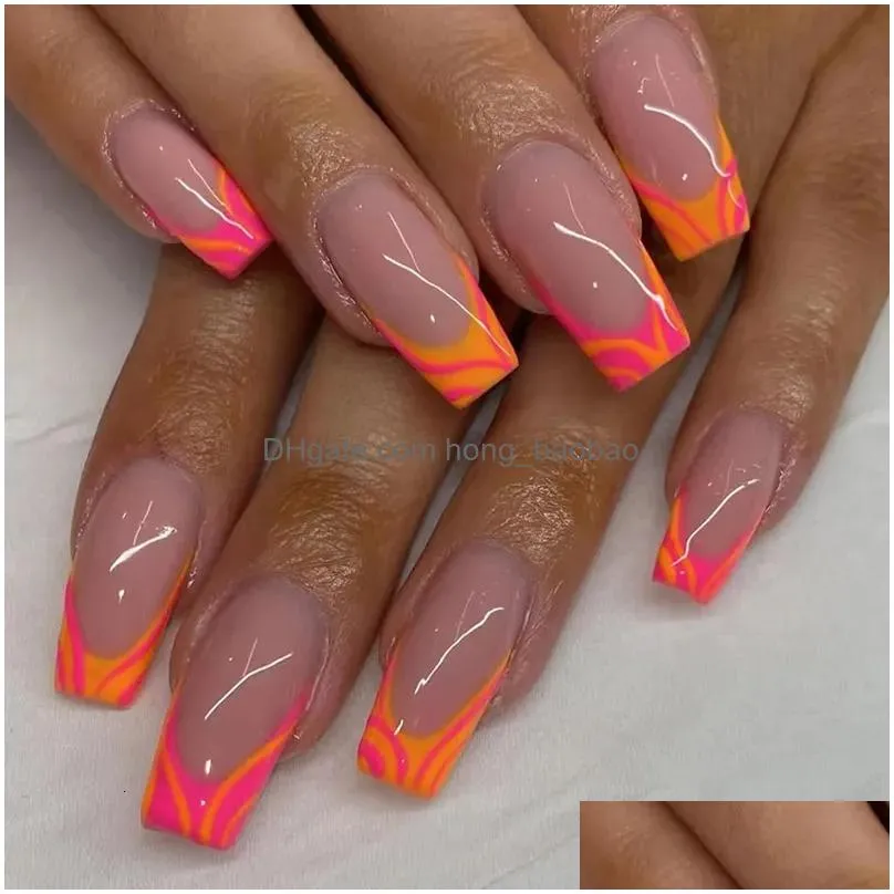 false nails 24pc french gradient shinny lines short coffin fake with glue detachable wearable press on full cover nail tip 230214