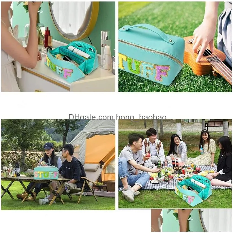 stuff makeup bag large capacity travel cosmetic bag portable travel chenille letter bag with handle flat lay makeup bag for women
