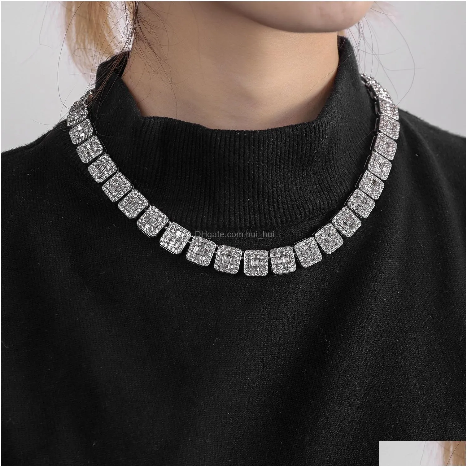 13mm women square tennis chain iced out micro pave 1 row aaa water diamond cuban link necklace bracelet silver gold plated fashion bling hip hop jewelry