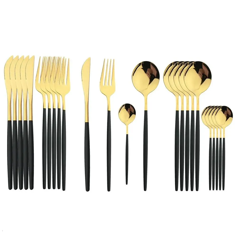 Cookware Sets 24Pcs Black Handle Golden Cutlery Set Stainless Steel Knife Fork Spoon Tableware Flatware Festival Kitchen Dinnerware Gift