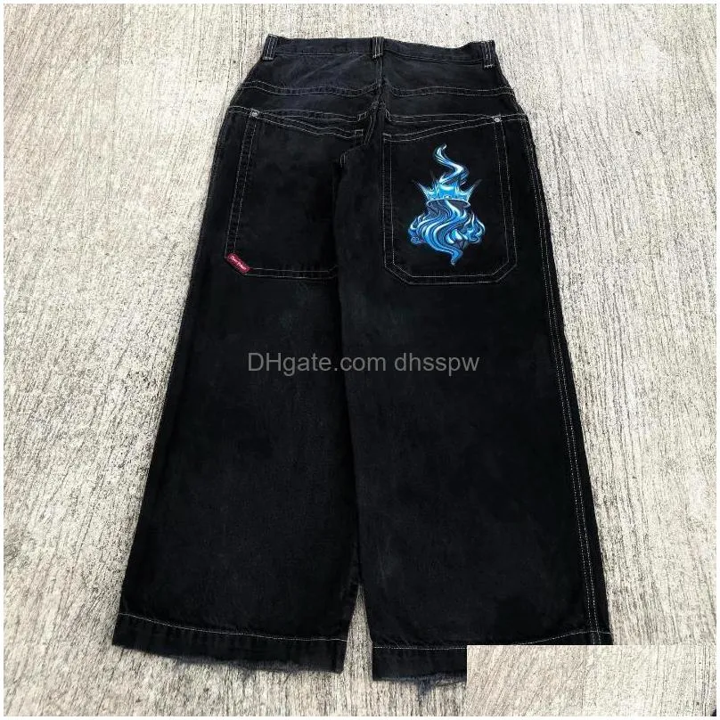 mens jeans streetwear jnco y2k hip hop cartoon graphic print vintage baggy black pants men women high waist wide leg trousers