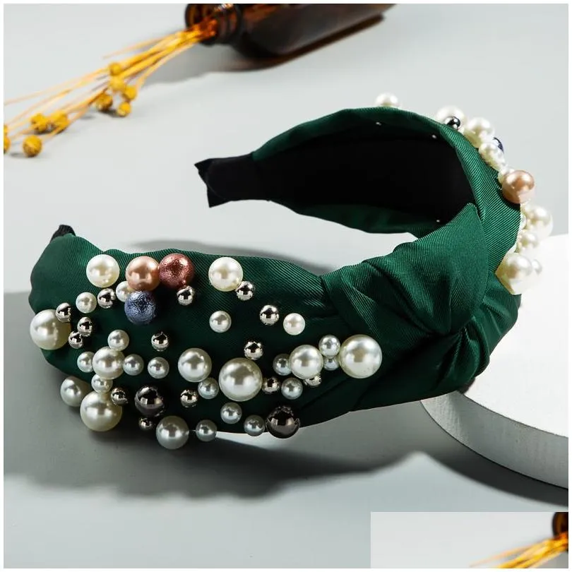 Fabric Headband with pearl Hair Bands Women Hair Hoop Fashion Hair Accessories Yellow/Green/Black/Pink J1518