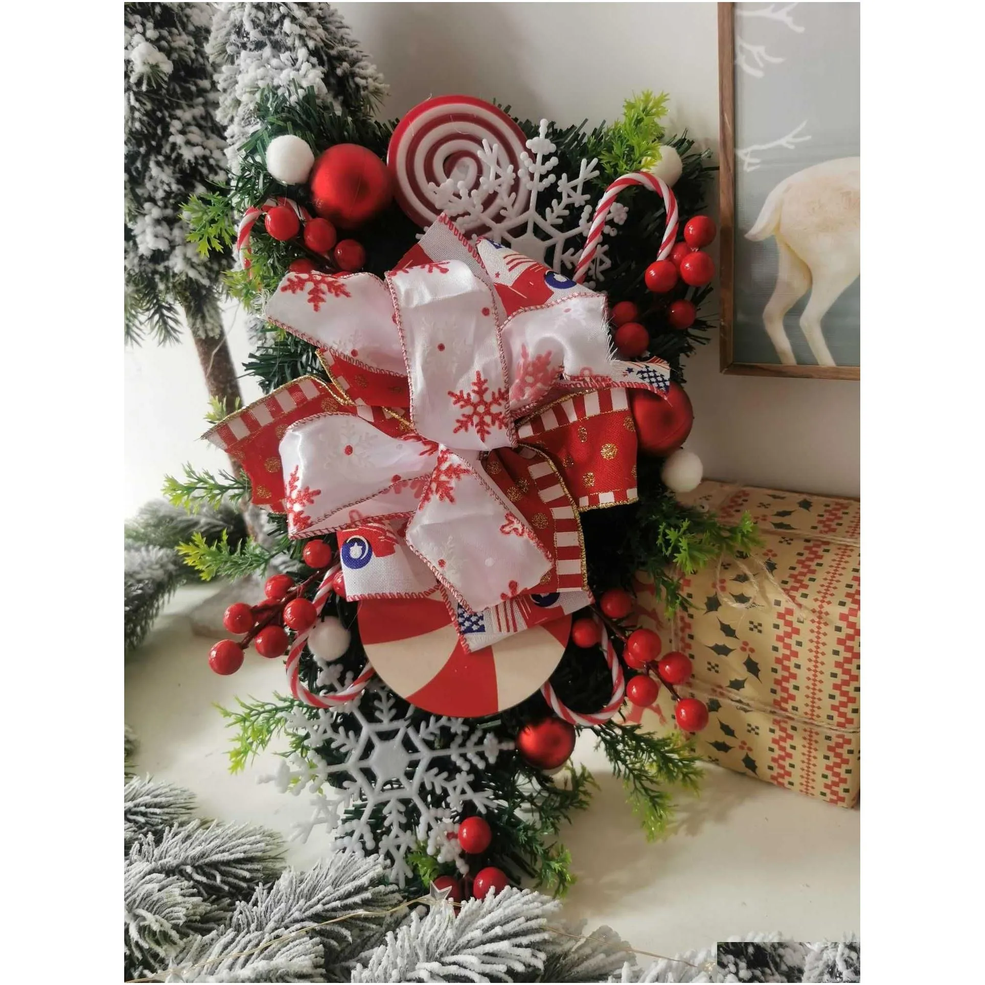 Christmas Decorations Christmas Wreath Candy Cane Artificial Wreath Window Door Hanging Garlands Rattan Home Christmas Decoration 2023New Year Navidad