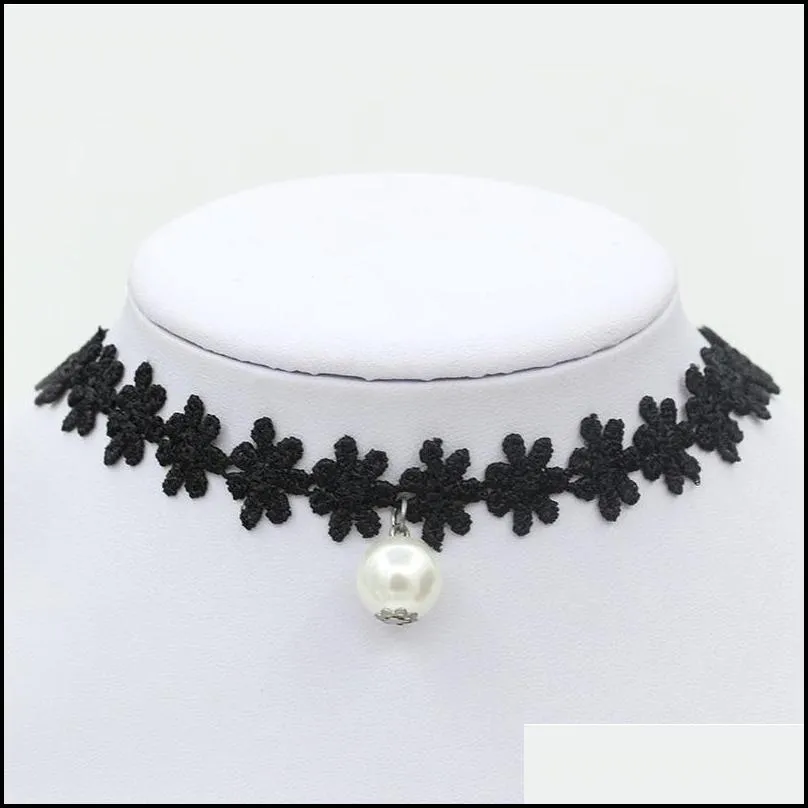 Chokers Flower Lace Choker Necklaces For Women Veet Ribbon Collar Torques Neckband With Pearl Bell Sea Star Pendants Chokers Mix Order Dhnwb