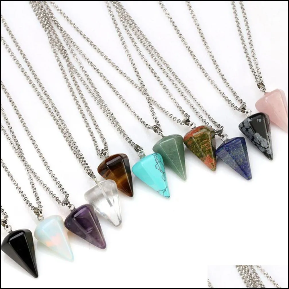 stone necklaces choker necklace hexagonal pendulum chain natural stone pendant taper soul swing bullet crystal necklace