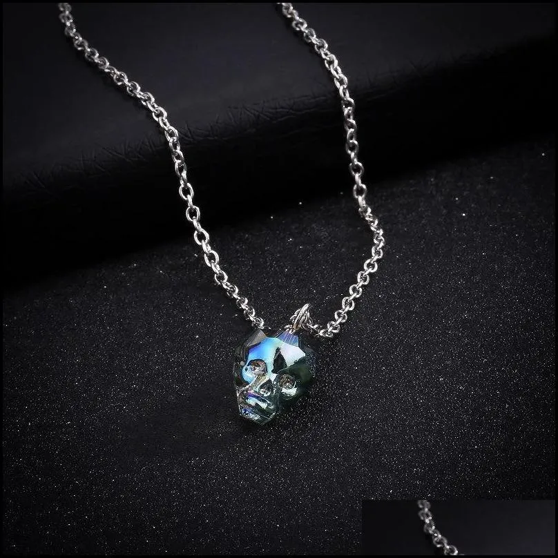  colorful crystal skull head punk jewelry silver color long chain necklace vintage gothic skull necklace