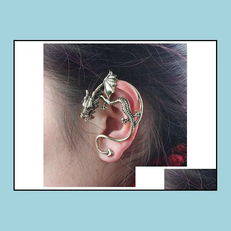 Clip-On & Screw Back Ears Cuffing Retro Vintage Sier Bronze Punk Temptation Dragon Bite Ear Cuff Clip Wrap Earring Cip On Earrings Dro Dhqfb