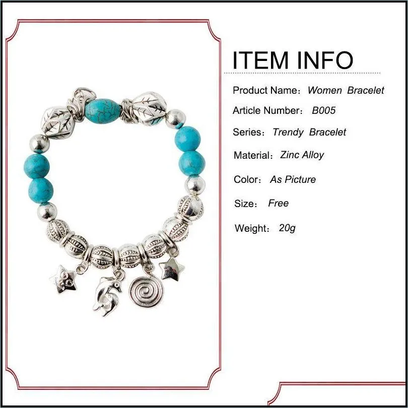 charm bracelets wholesale turquoise silver charm chain link bracelet bangle fashion wristband cuff bead bracelet