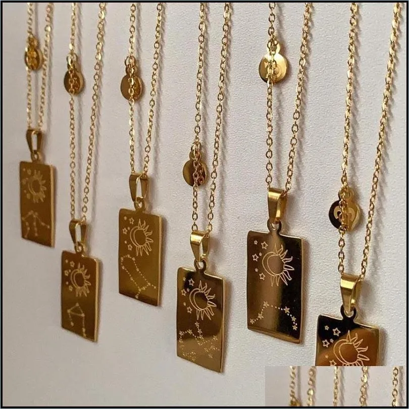 Pendant Necklaces Fashion Jewelry 18K Gold Plated Tarot Card Double Side 12 Zodiac Pendant Horoscope Star Necklace Staineless Steel Co Dhq1K