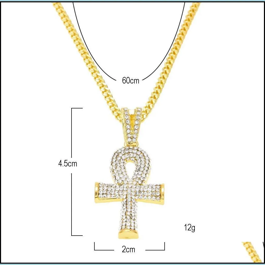 Pendant Necklaces Gold Chains Pretty Egyptian Ankh With Red Ruby Cross Pendant Necklace Set Men Bling Hip Hop Jewelry Drop Delivery Je Dhzxh