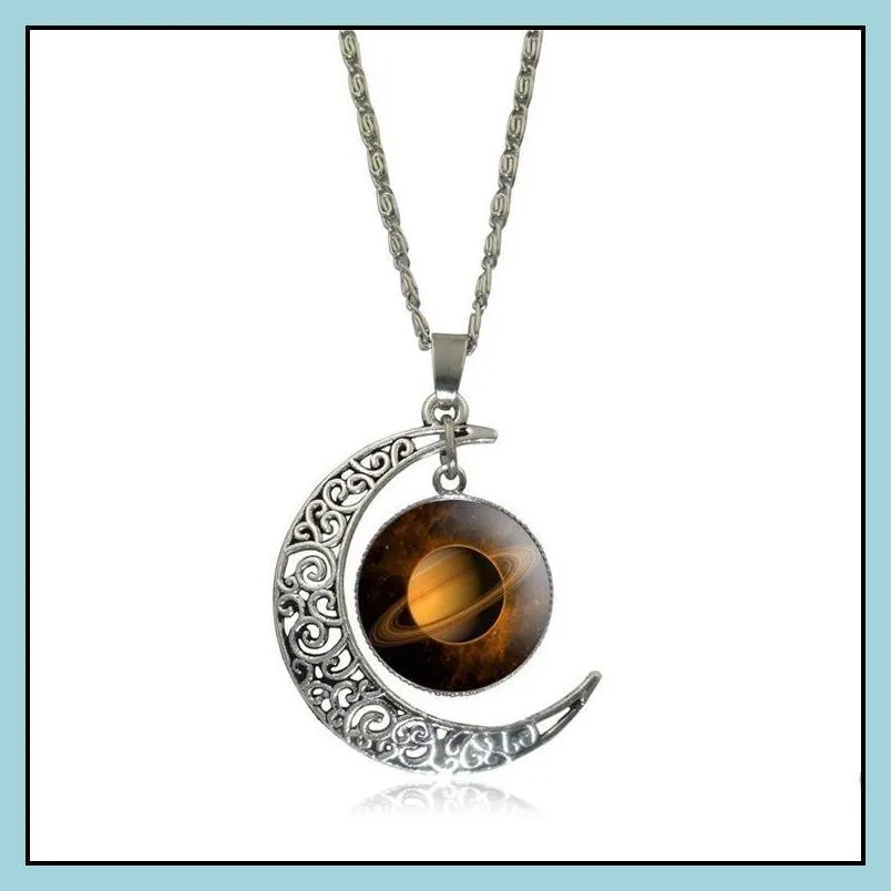 charms necklaces fine jewelry glassgalaxy love pendant summer beach statement silver long chain alloy hollow moon pendant necklace