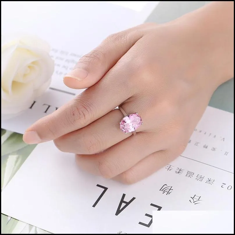 Solitaire Ring Wholesale 12 Pcs Luckyshine Woman Holiday Jewelry Gift Rings Trendy Oval Pink Topaz Cubic Zirconia 925 Sterling Sier Pl Dhhrf